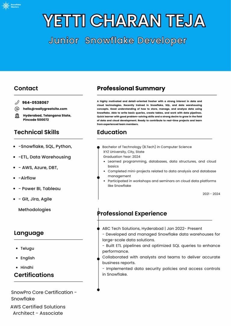 Snowflake Resume Example Top10 Snowflake Developer Resume Examples & Guide for 2025